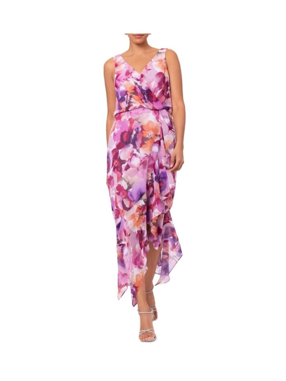 Xscape Womens V-Neck Floral-Print Chiffon MIDI Dress Pink Multi Size 8 NWT